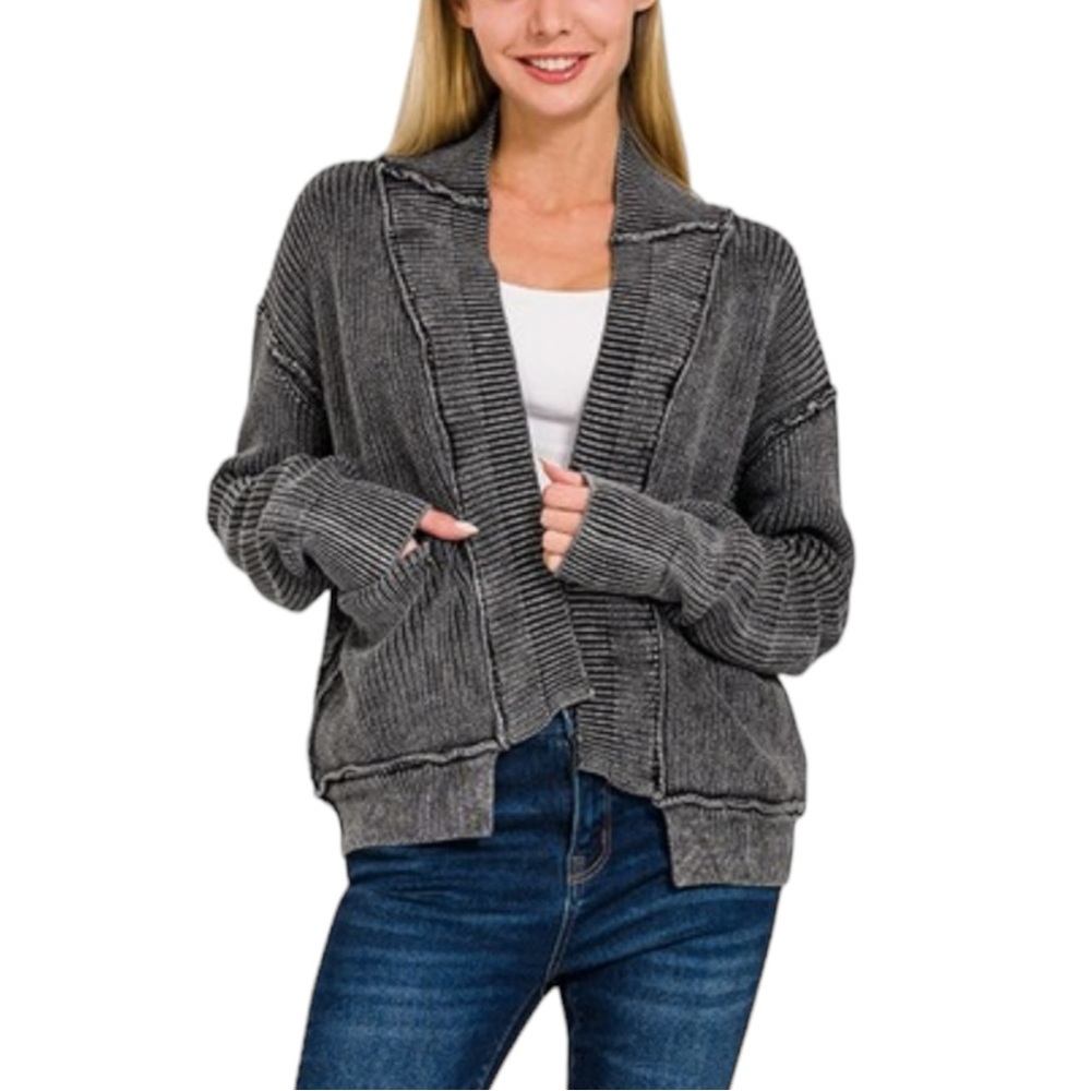 Women's Black Acid Wash Ribbed Drop Shoulder Cardigan NWOT - Picture 5 of 5